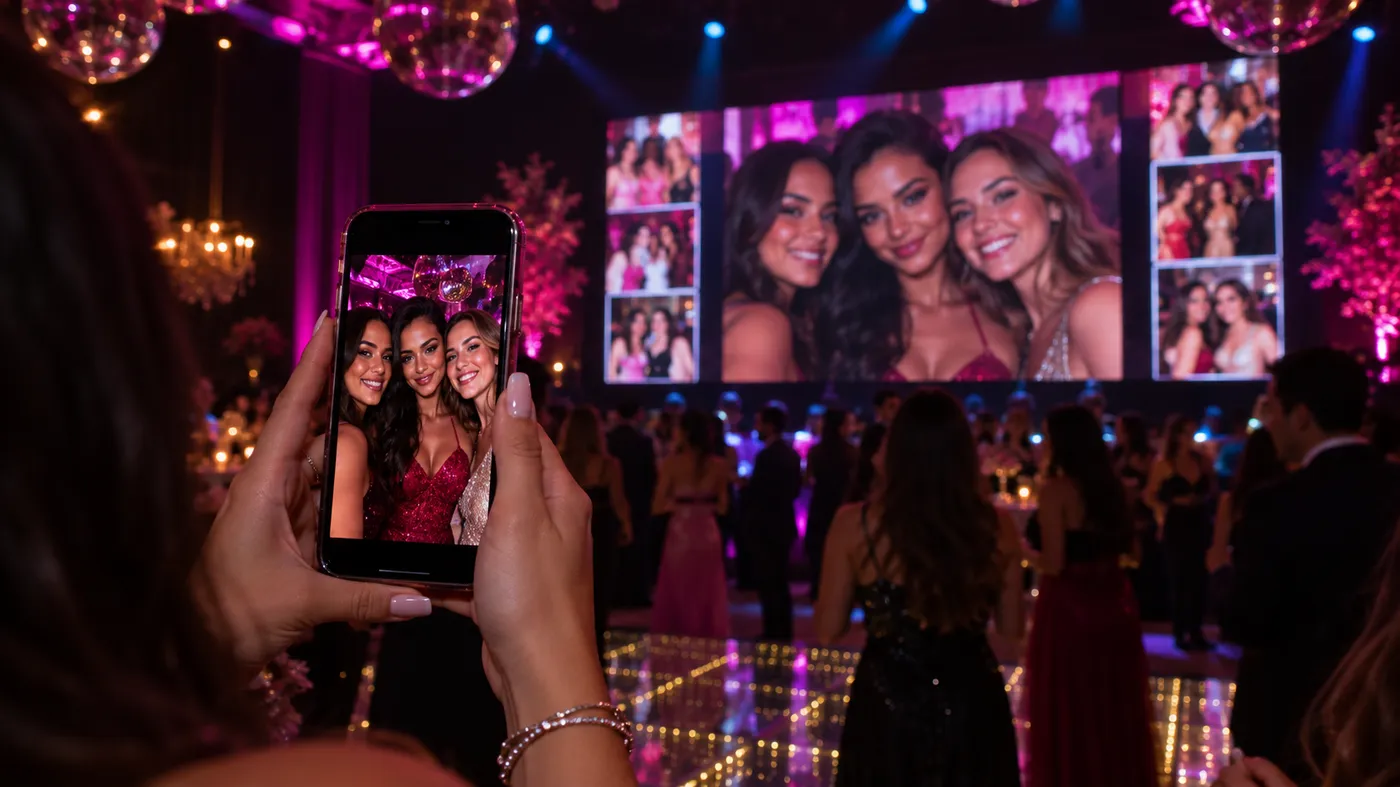Convidada segurando o celular com uma selfie que aparece ao vivo no painel de LED da festa