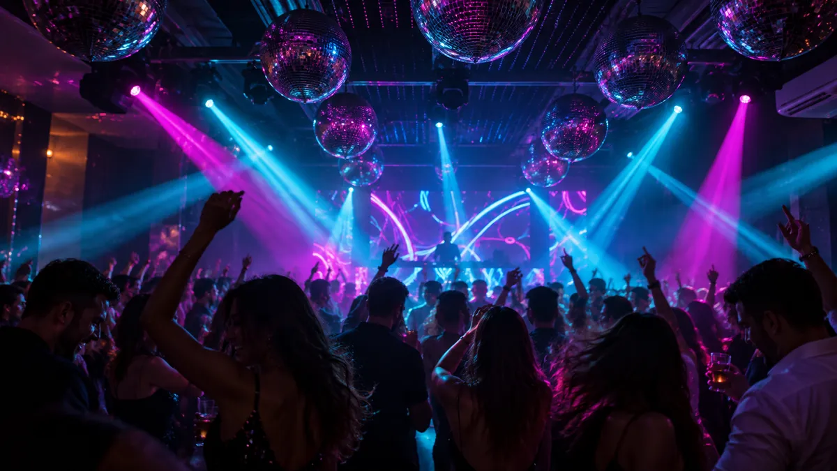 Fachos de luz em azul e magenta sobre a pista de dança lotada
