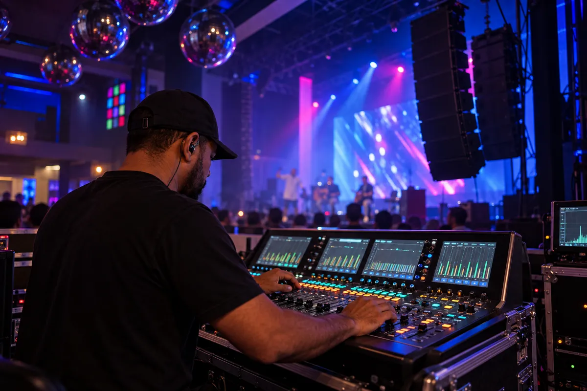Técnico operando mesa de som digital diante de um palco com caixas line array